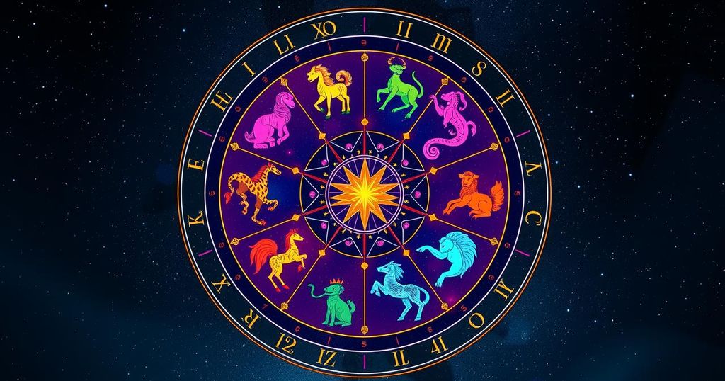 A colourful zodiac wheel featuring all twelve signs with their lucky colours, set against a starry night background.