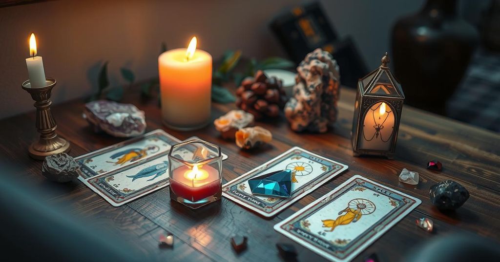 Tarot cards displayed on a wooden table with candles and crystals, creating a mystical atmosphere for spiritual insight.
