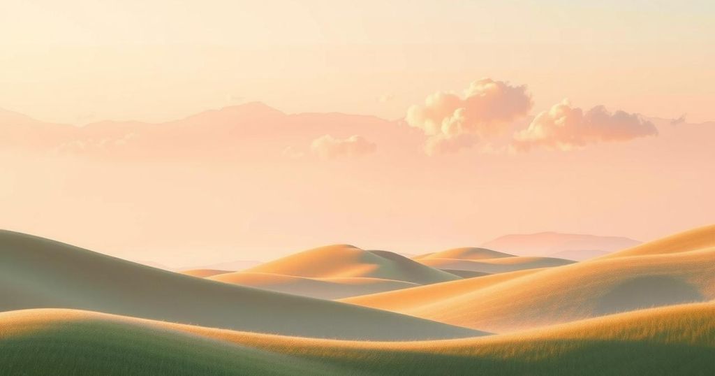 A serene landscape with pastel peach hues, channeling harmony and positivity for a bright day ahead.