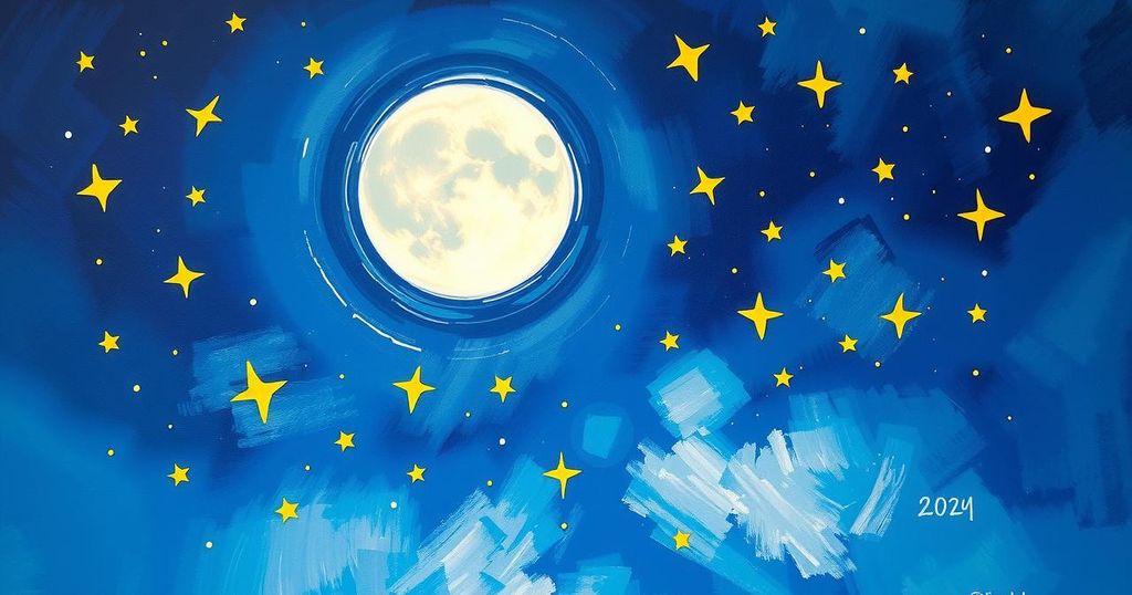 A vibrant celestial scene with a new moon glowing brightly amidst twinkling stars, symbolising fresh beginnings.