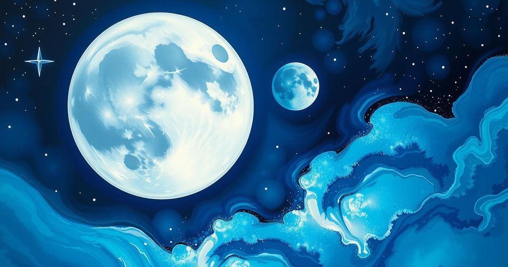 Celestial scene depicting a powerful Moon-Pluto conjunction in Aquarius, symbolizing emotional transformation and growth.