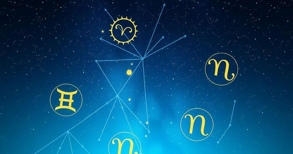 A celestial scene showcasing zodiac signs among stars and constellations in a calming blue and gold colour scheme.