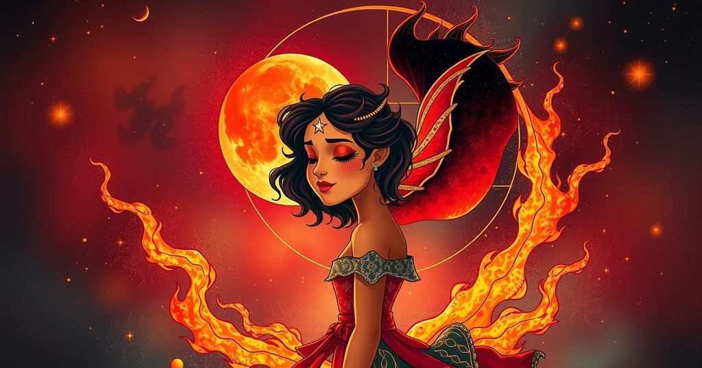 Celestial-themed illustration of Venus and Mars in fire signs, symbolising love and cosmic energy.