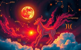 Zodiac signs surrounded by celestial imagery, vibrant colours depicting Aries moon influence on love.