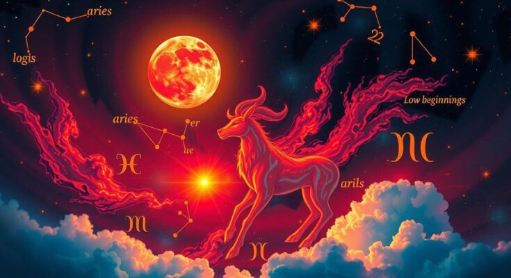 Zodiac signs surrounded by celestial imagery, vibrant colours depicting Aries moon influence on love.