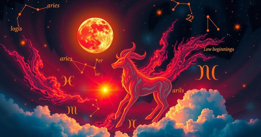 Zodiac signs surrounded by celestial imagery, vibrant colours depicting Aries moon influence on love.