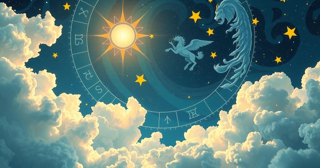 A vibrant astrology theme with celestial bodies, bold colours, and playful cosmic elements representing the day's horoscope.