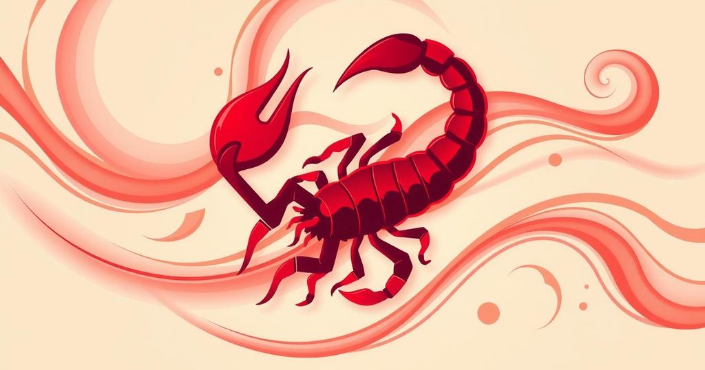 A vibrant red Scorpio symbol surrounded by soft swirling designs representing positivity and energy.