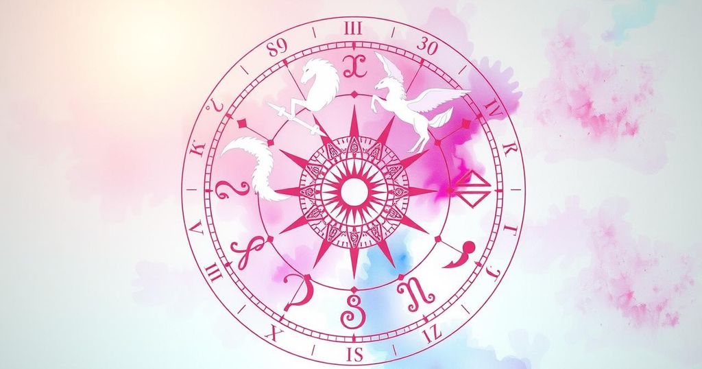 Astrological chart with celestial symbols and zodiac signs in pastel colours, representing love horoscopes.