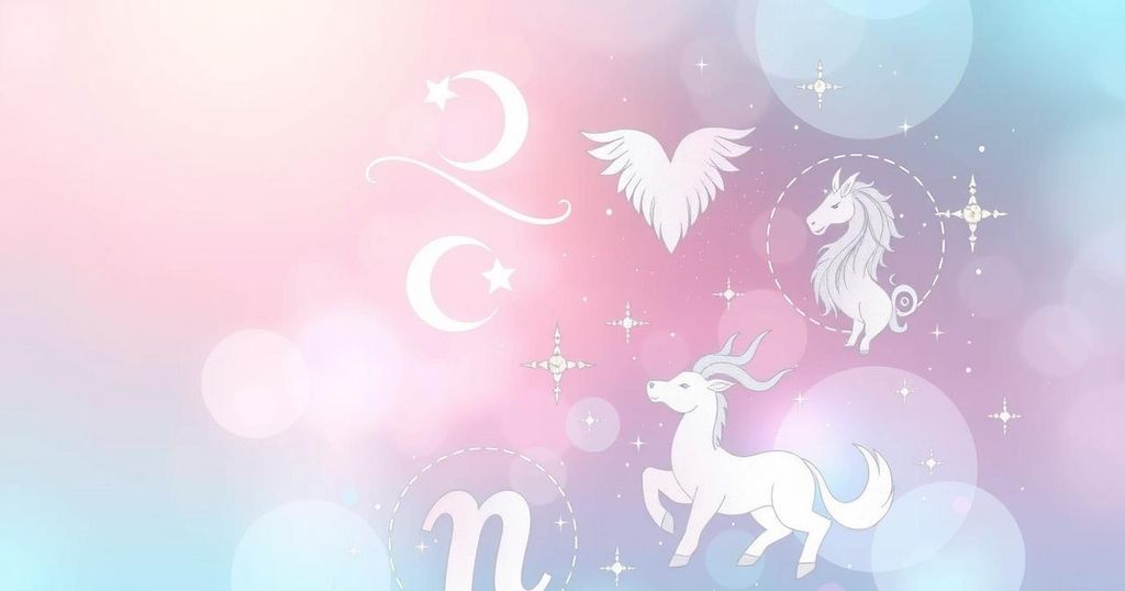 Astrological symbols of zodiac signs with dreamy pastel colours, symbolising love and relationships.