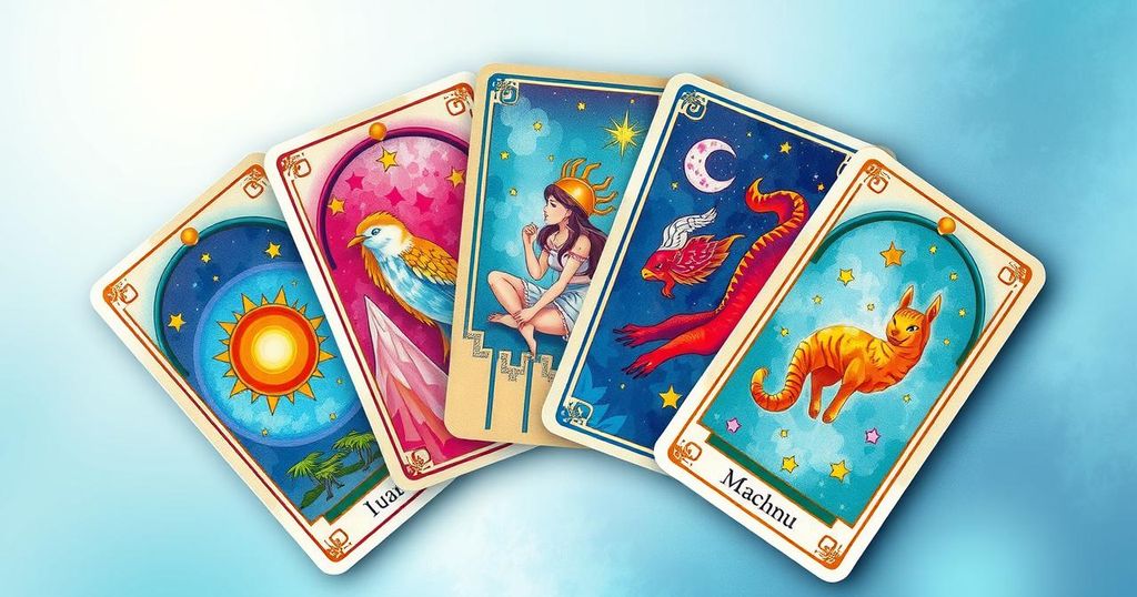 Colourful tarot cards depicting different themes for each zodiac sign with astrological symbols.