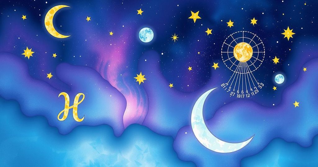 Astrological symbols and cosmic elements representing a horoscope reading for January 2025.