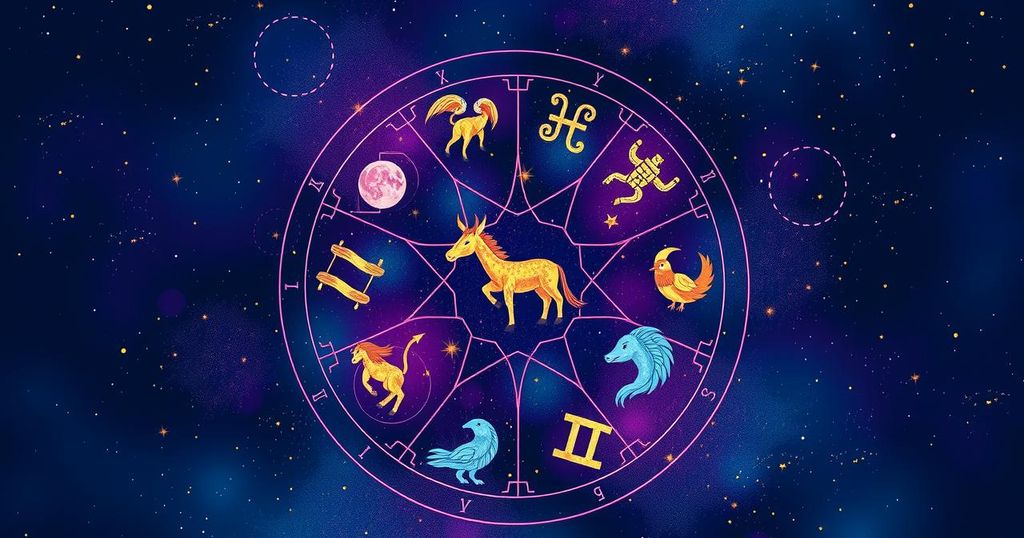 A vibrant daily horoscope illustration featuring zodiac symbols, stars, and a colourful cosmic background.