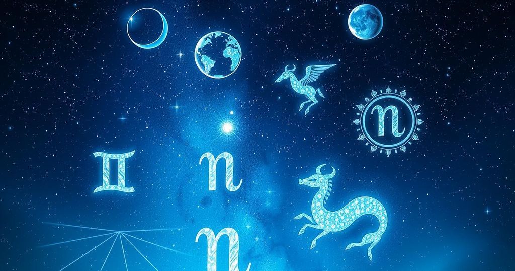 Starry night sky with zodiac symbols and celestial bodies representing astrological changes and energies.