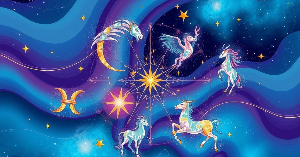 Celestial-themed illustration with zodiac symbols, vibrant colours, and abstract astrological motifs.