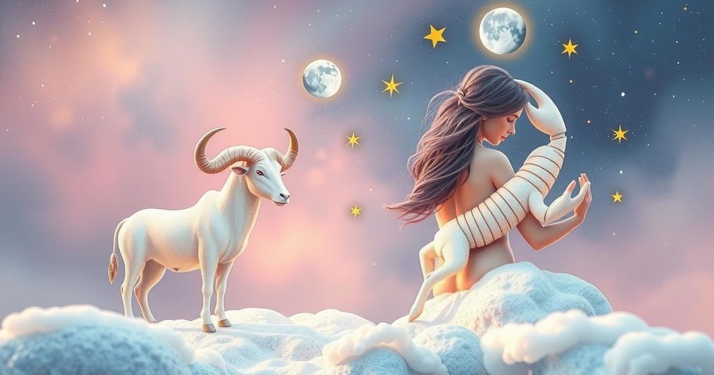Celestial scene with cosmic elements representing zodiac signs, Taurus and Cancer energy, in calming pastel colors.