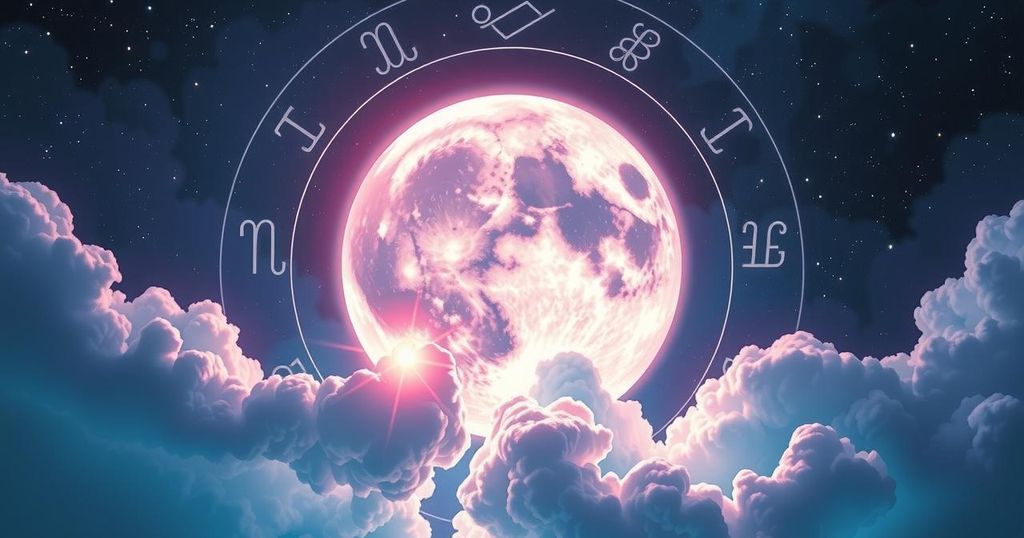 A vibrant celestial illustration with zodiac symbols, stars, and a glowing full moon enhancing astrological themes.