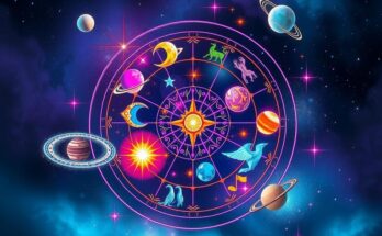 A mystical zodiac wheel showcasing the astrological signs with celestial elements and cosmic hues