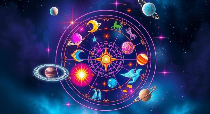 A mystical zodiac wheel showcasing the astrological signs with celestial elements and cosmic hues