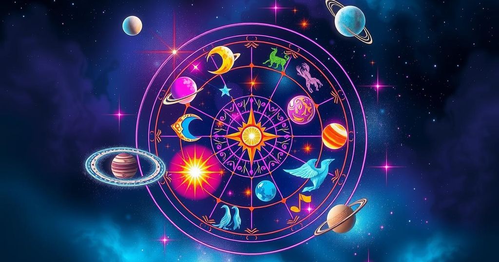 A mystical zodiac wheel showcasing the astrological signs with celestial elements and cosmic hues