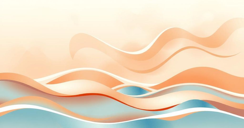 A serene abstract landscape with peach hues and gentle waves representing positivity and harmony for Gemini.