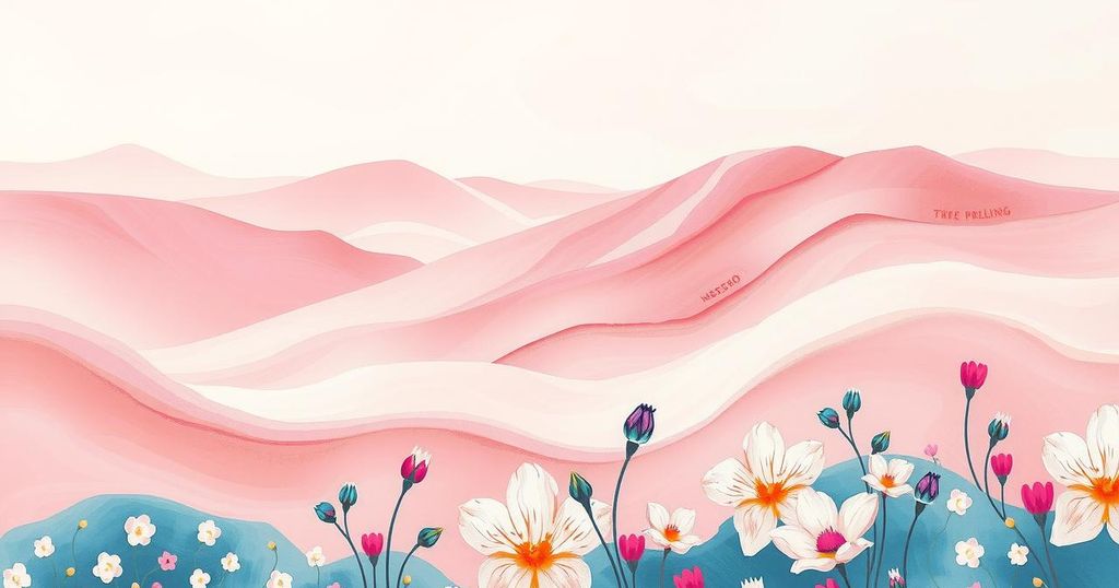 A serene pastel pink landscape featuring blooming flowers and gentle curves, conveying happiness and harmony.