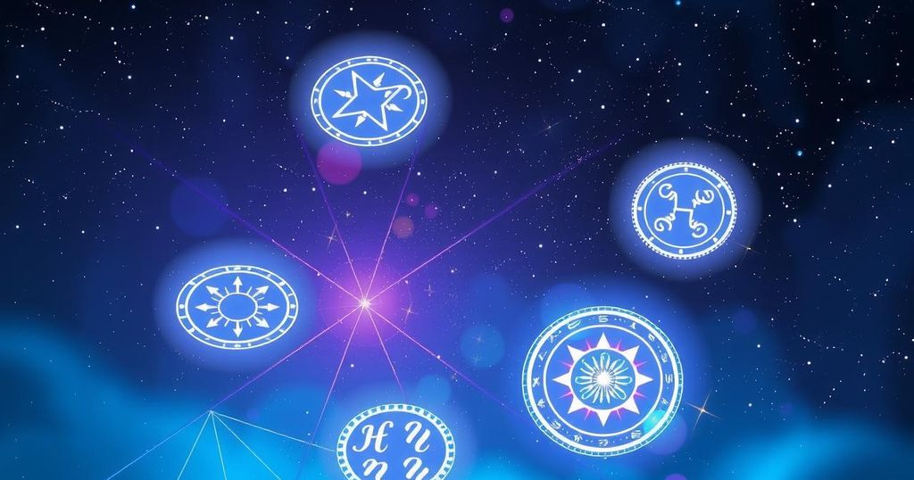 A cosmic scene with astrological symbols and starry elements, featuring vibrant blues and purples.
