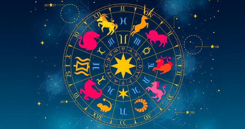 An artistic representation of zodiac symbols in vibrant colours, symbolising astrology and insights for each sign.