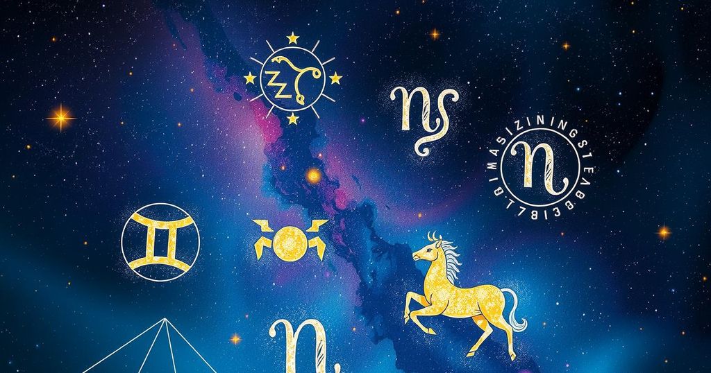 Astrological symbols of the zodiac on a cosmic background with stars and constellations, vibrant colour palette.
