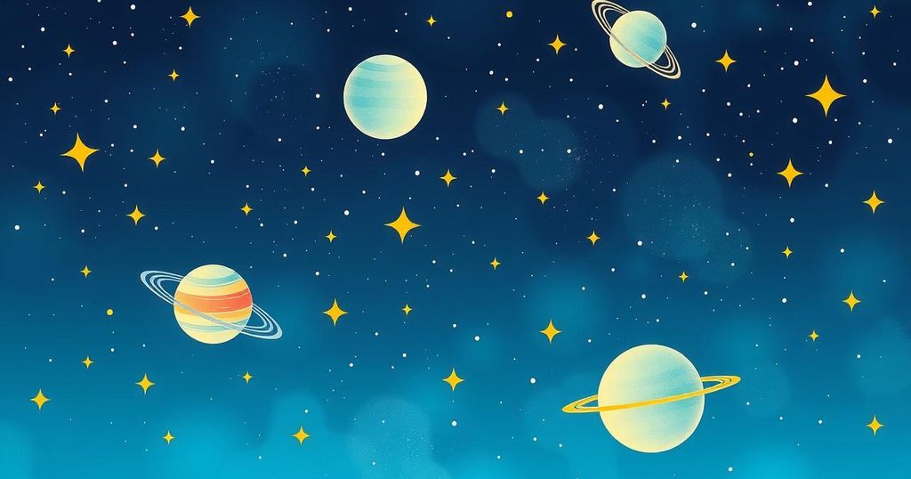 A tranquil celestial scene with stars and planets representing communication and intuition during the new moon.
