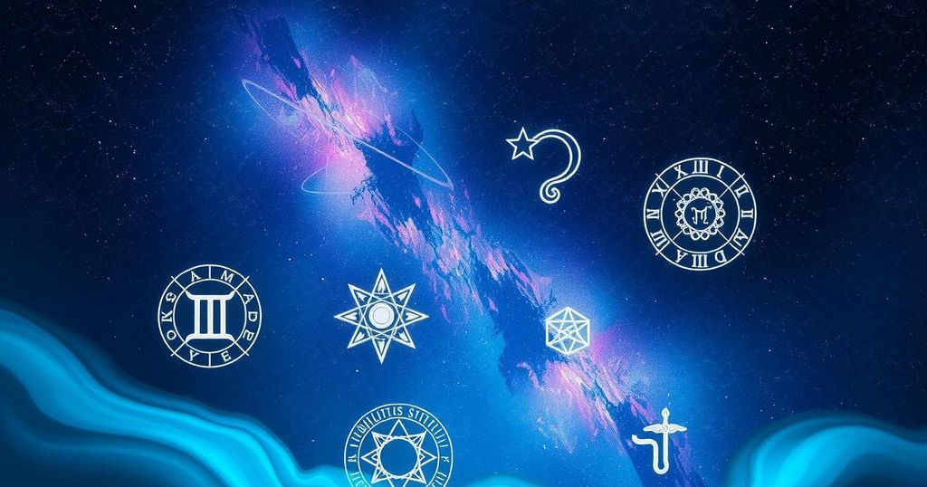 Astrological symbols with a cosmic sky and stars, representing transformation and new beginnings during Pluto retrograde.