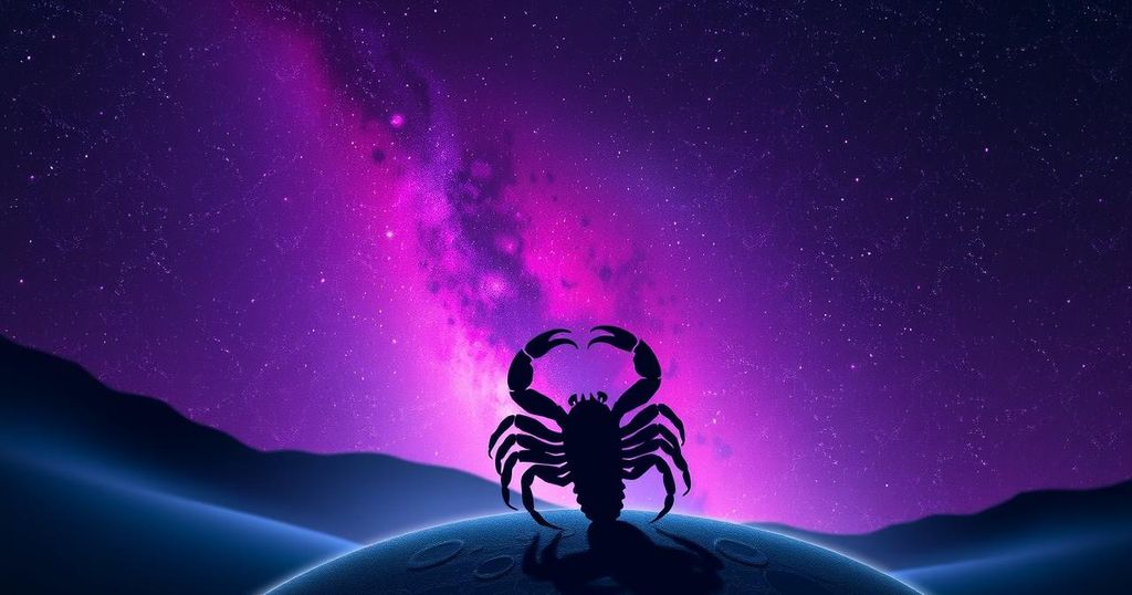A serene purple and black collage symbolising Scorpio, featuring a scorpion silhouette amidst stars and cosmic elements.