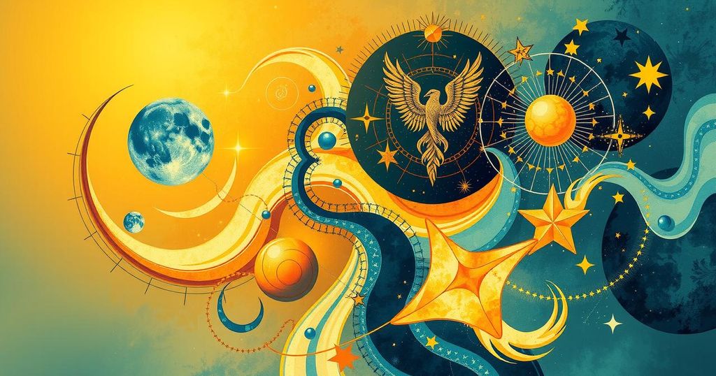 A vibrant celestial illustration capturing astrological symbols and planetary movements amidst a warm colour palette.