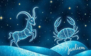 A serene cosmic scene with Taurus and Cancer symbols under a starry night sky, reflecting positive energy and good vibes.