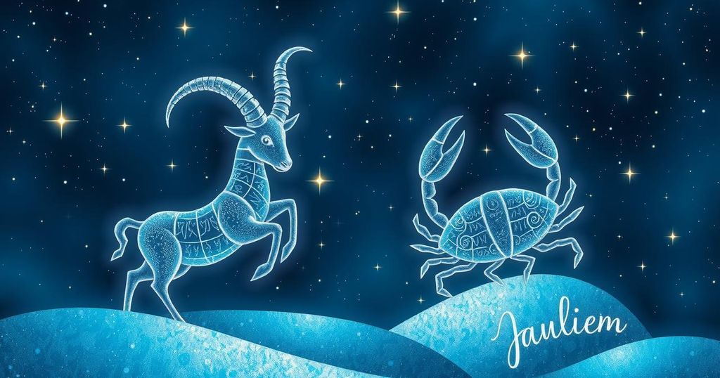 A serene cosmic scene with Taurus and Cancer symbols under a starry night sky, reflecting positive energy and good vibes.