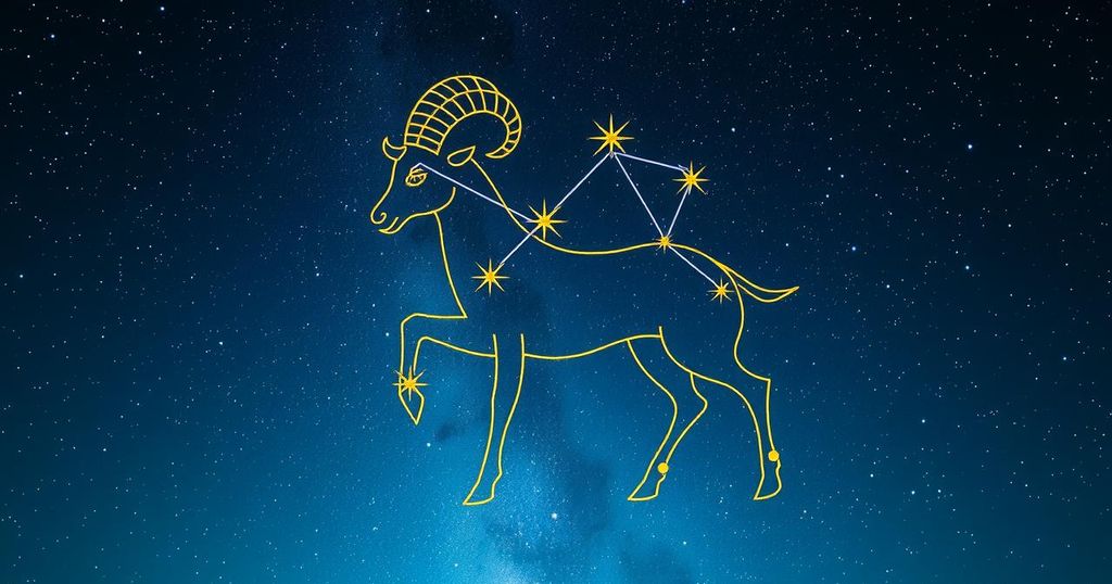 A cosmic scene featuring Capricorn constellation in a starry night sky with astrological symbols.
