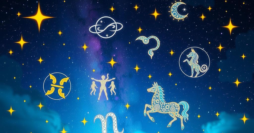 Starry night sky with glowing zodiac symbols, representing love horoscopes and new beginnings in relationships.