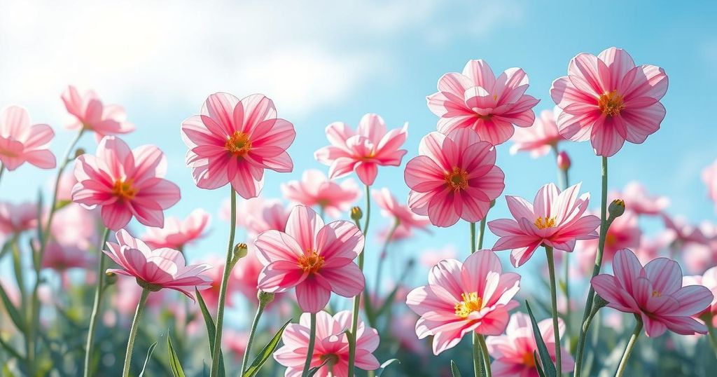 A serene and vibrant scene of a peaceful garden with blooming pink flowers and a bright blue sky.