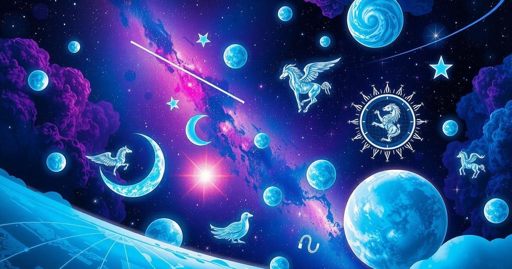 An abstract cosmic scene depicting zodiac signs and astrological symbols against a vibrant celestial backdrop.