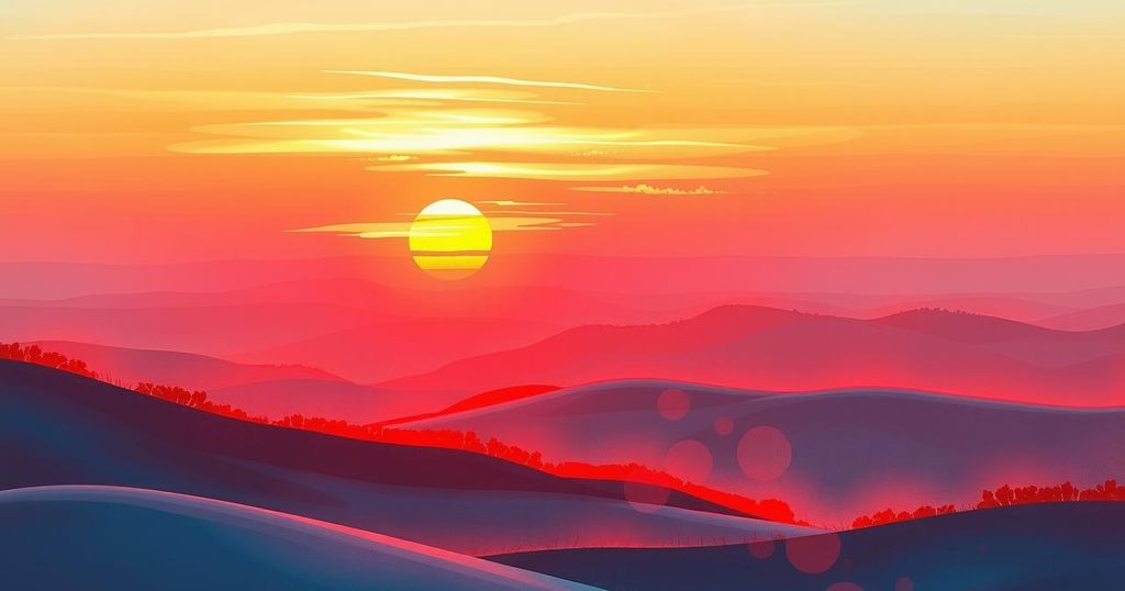 A vibrant red sunrise over a tranquil landscape, symbolising clarity and new beginnings.