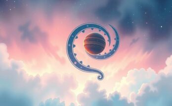 A cosmic scene showing intertwined planetary symbols representing astrological luck, with dreamy pastel colours.