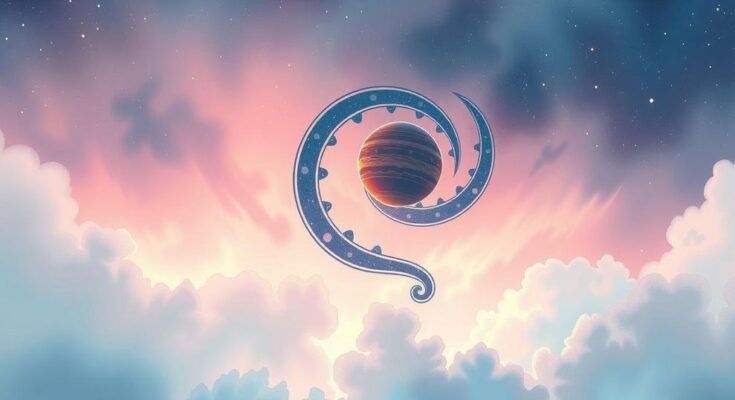 A cosmic scene showing intertwined planetary symbols representing astrological luck, with dreamy pastel colours.