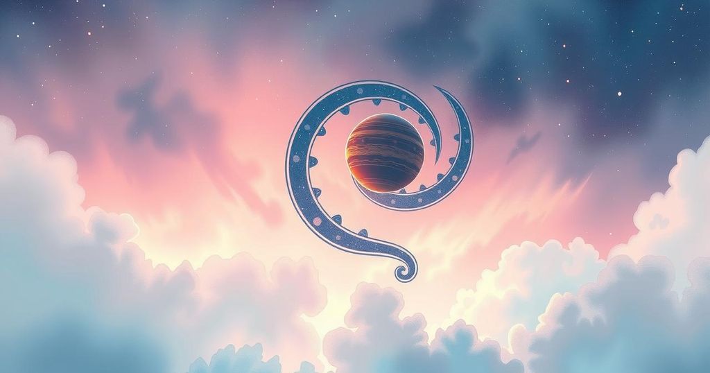 A cosmic scene showing intertwined planetary symbols representing astrological luck, with dreamy pastel colours.