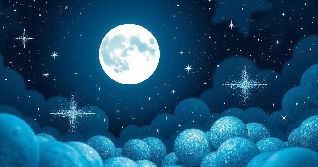 A cosmic scene depicting the moon with constellations in a night sky, symbolising teamwork and awareness.