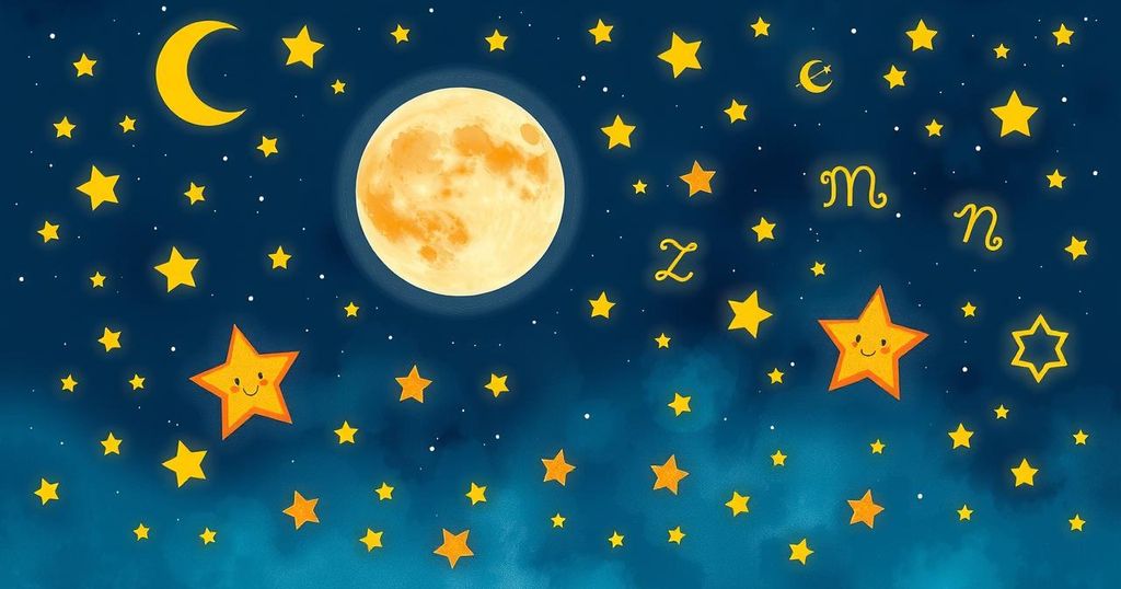 A celestial scene with constellations, zodiac symbols, a bright moon and whimsical stars, representing astrology and horoscopes.
