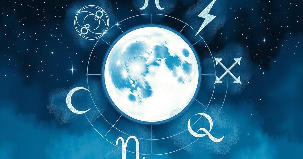 Astrological symbols against a starry background with a glowing full moon in the centre, evoking cosmic balance.
