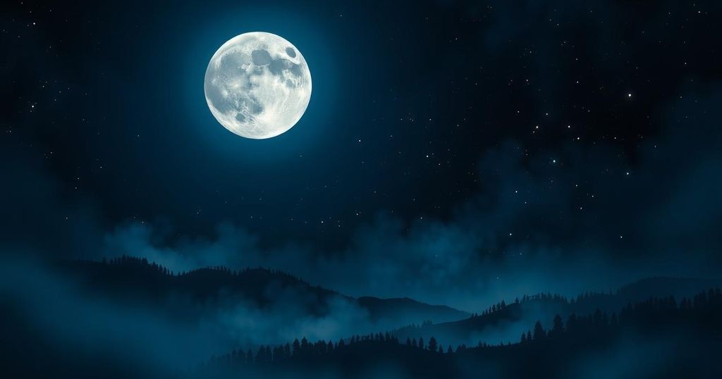 Scorpio full moon casting bright light over a dark landscape with hints of stars and deep blue hues.