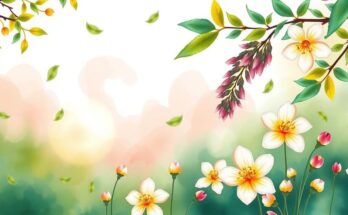A serene landscape symbolizing positive energies and spring, with gentle colours and abstract floral patterns.