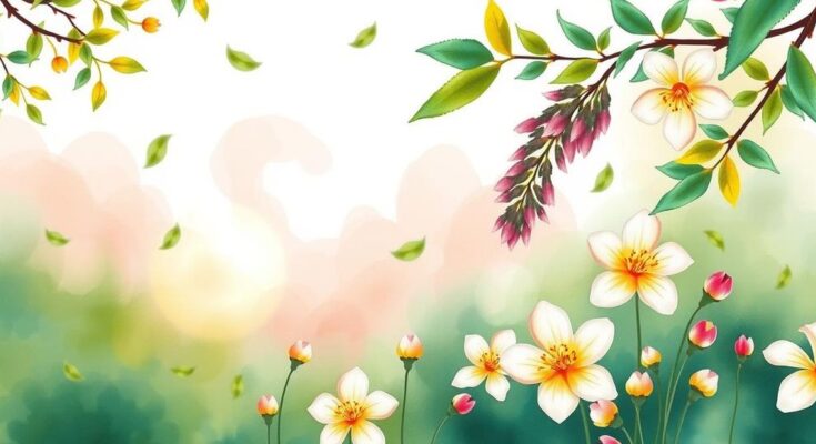 A serene landscape symbolizing positive energies and spring, with gentle colours and abstract floral patterns.