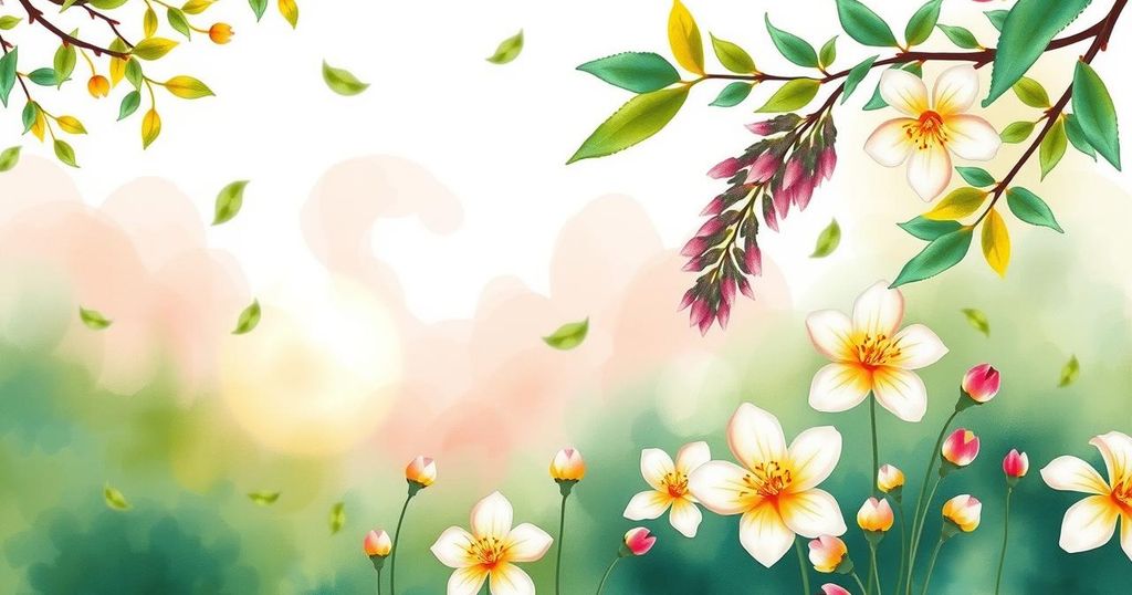 A serene landscape symbolizing positive energies and spring, with gentle colours and abstract floral patterns.